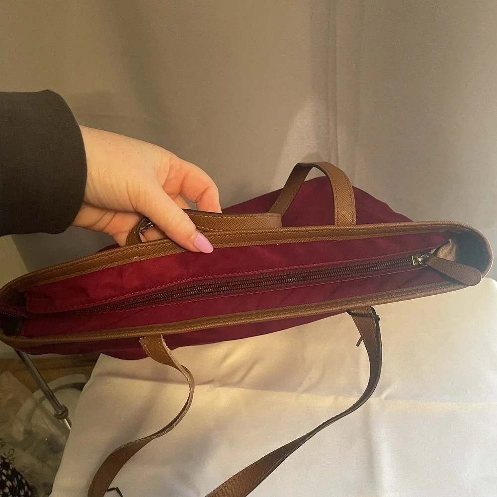 Michael Kors Kempton Nylon Satchel Tote Purse Shoulder Bag in Maroon & Brown - Picture 14 of 16